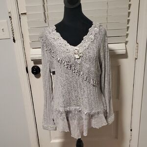 Zba Elegant Gray Lace Trim Women's Top